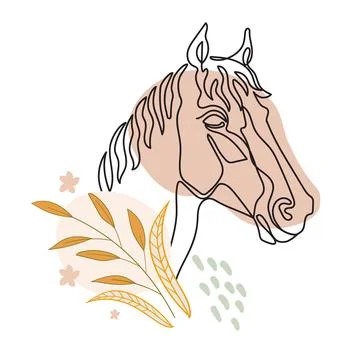 One continuous line horse with botanical element vector illustration Stock Illustration