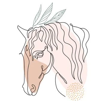One continuous Line Horse portrait with Botanical Elements Stock Illustration