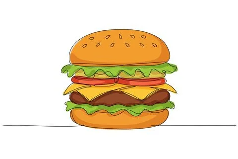 One continuous line illustration of a hamburger, isolated on white background Stock Illustration