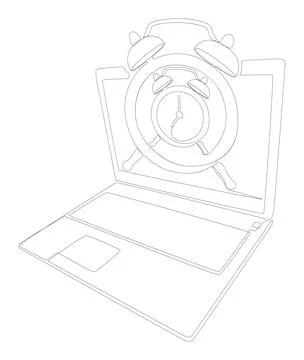 One continuous line of Laptop with Alarm Clock. Thin Line Illustration vect.. Stock Illustration