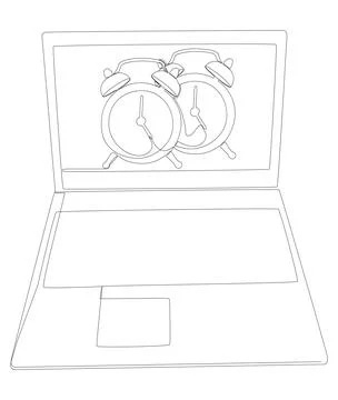 One continuous line of Laptop with Alarm Clock. Thin Line Illustration vect.. Stock Illustration