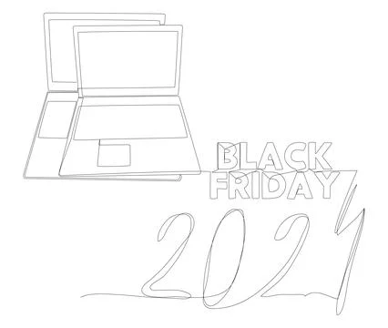 One continuous line of Laptop with Black Friday 2024 text. Thin Line Illust.. Stock Illustration