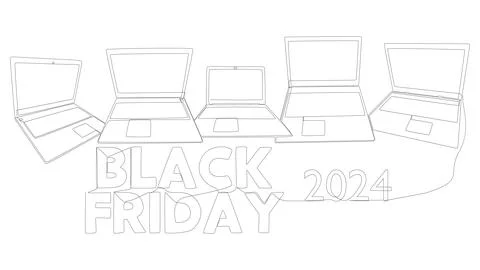 One continuous line of Laptop with Black Friday 2024 text. Thin Line Illust.. Stock Illustration