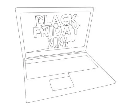 One continuous line of Laptop with Black Friday 2024 text. Thin Line Illust.. Stock Illustration