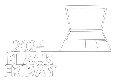 One continuous line of Laptop with Black Friday 2024 text. Thin Line Illust.. Stock Illustration