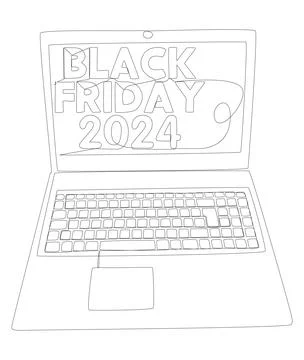 One continuous line of Laptop with Black Friday 2024 text. Thin Line Illust.. Stock Illustration
