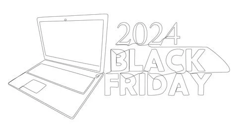 One continuous line of Laptop with Black Friday 2024 text. Thin Line Illust.. Stock Illustration