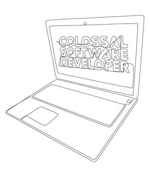 One continuous line of Laptop with Colossal Software Developer word. Thin L.. 库存插图