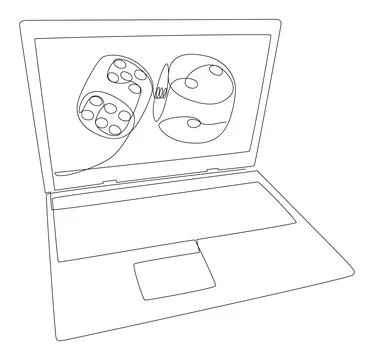One continuous line of Laptop with dice. Thin Line Illustration vector conc.. Stock Illustration