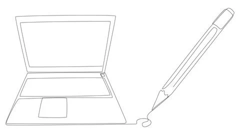One continuous line of Laptop drawn by felt tip pen. Thin Line Illustration.. Stock Illustration