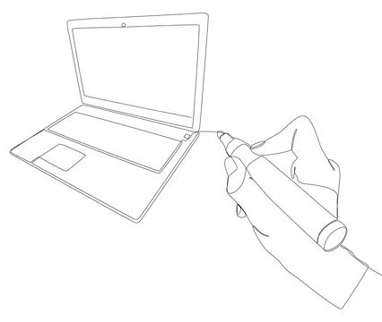 One continuous line of Laptop drawn by felt tip pen. Thin Line Illustration.. Stock Illustration