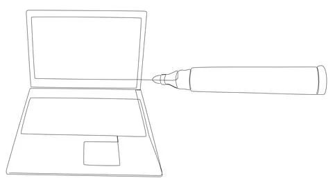 One continuous line of Laptop drawn by felt tip pen. Thin Line Illustration.. Stock Illustration