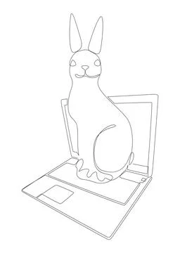 One continuous line of Laptop with Easter Bunny. Thin Line Illustration vec.. Stock Illustration
