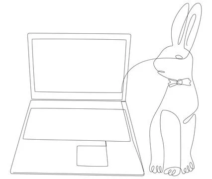 One continuous line of Laptop with Easter Bunny. Thin Line Illustration vec.. Stock Illustration