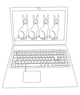 One continuous line of Laptop with Easter Bunny. Thin Line Illustration vec.. Stock Illustration