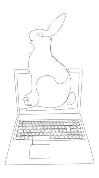 One continuous line of Laptop with Easter Bunny. Thin Line Illustration vec.. Stock Illustration