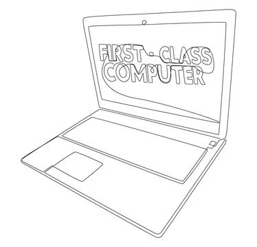 One continuous line of Laptop with First-Class Computer word. Thin Line Ill.. Stock Illustration