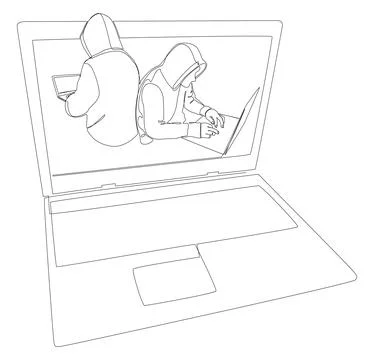 One continuous line of Laptop with Hacker. Thin Line Illustration vector co.. Stock Illustration