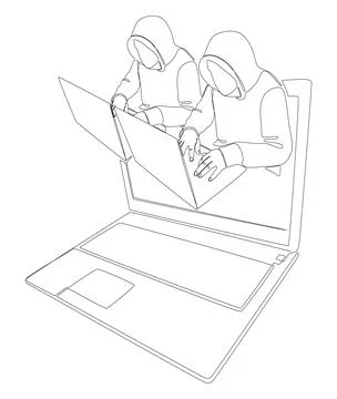 One continuous line of Laptop with Hacker. Thin Line Illustration vector co.. Stock Illustration