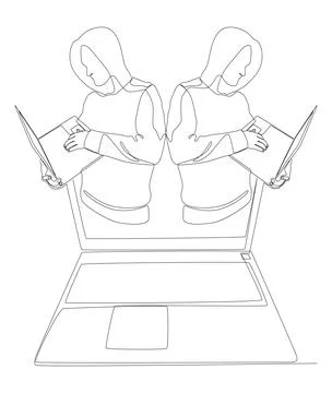 One continuous line of Laptop with Hacker. Thin Line Illustration vector co.. Illustrazione stock