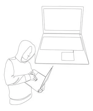 One continuous line of Laptop with Hacker. Thin Line Illustration vector co.. Stock Illustration