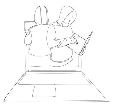 One continuous line of Laptop with Hacker. Thin Line Illustration vector co.. Illustrazione stock