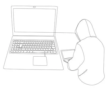 One continuous line of Laptop with Hacker. Thin Line Illustration vector co.. Illustrazione stock