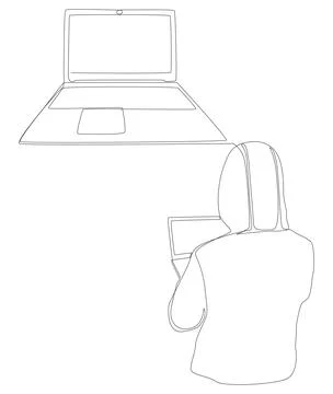 One continuous line of Laptop with Hacker. Thin Line Illustration vector co.. Stock Illustration