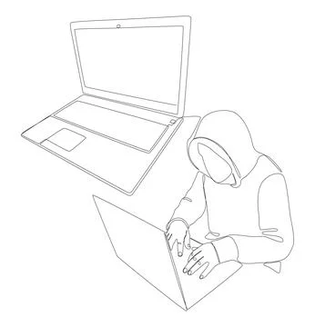 One continuous line of Laptop with Hacker. Thin Line Illustration vector co.. Stock Illustration