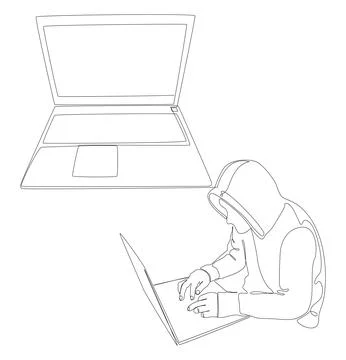 One continuous line of Laptop with Hacker. Thin Line Illustration vector co.. Stock Illustration