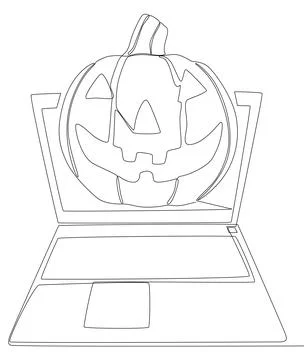 One continuous line of Laptop with Halloween pumpkin. Thin Line Illustratio.. Stock Illustration