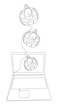 One continuous line of Laptop with Halloween pumpkin. Thin Line Illustratio.. Stock Illustration