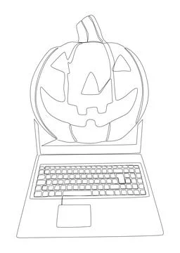 One continuous line of Laptop with Halloween pumpkin. Thin Line Illustratio.. Stock Illustration