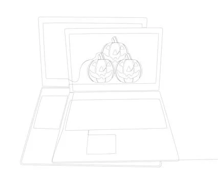 One continuous line of Laptop with Halloween pumpkin. Thin Line Illustratio.. Stock Illustration