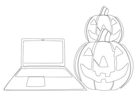 One continuous line of Laptop with Halloween pumpkin. Thin Line Illustratio.. Stock Illustration