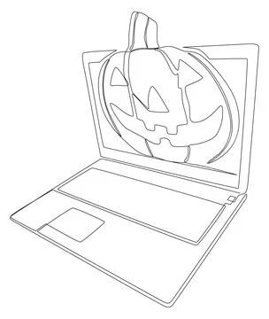 One continuous line of Laptop with Halloween pumpkin. Thin Line Illustratio.. Stock Illustration