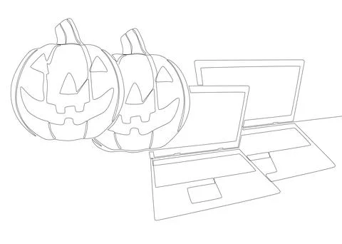 One continuous line of Laptop with Halloween pumpkin. Thin Line Illustratio.. Stock Illustration
