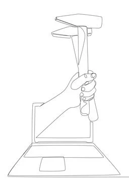 One continuous line of Laptop with Hammer. Thin Line Illustration vector co.. Stock Illustration