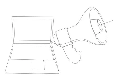 One continuous line of Laptop with Megaphone. Thin Line Illustration vector.. Stock Illustration