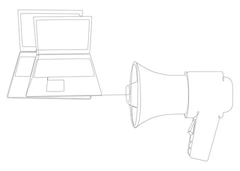 One continuous line of Laptop with Megaphone. Thin Line Illustration vector.. Stock Illustration