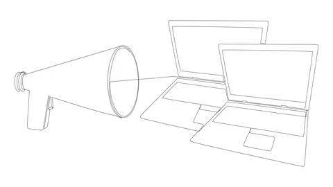 One continuous line of Laptop with Megaphone. Thin Line Illustration vector.. Stock Illustration