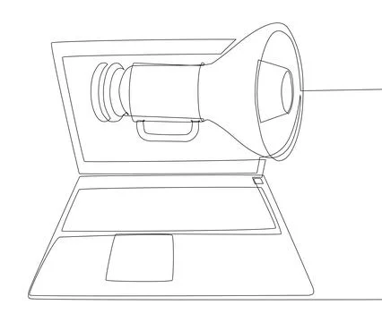 One continuous line of Laptop with Megaphone. Thin Line Illustration vector.. Stock Illustration