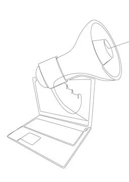 One continuous line of Laptop with Megaphone. Thin Line Illustration vector.. Stock Illustration