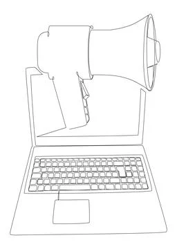 One continuous line of Laptop with Megaphone. Thin Line Illustration vector.. Stock Illustration