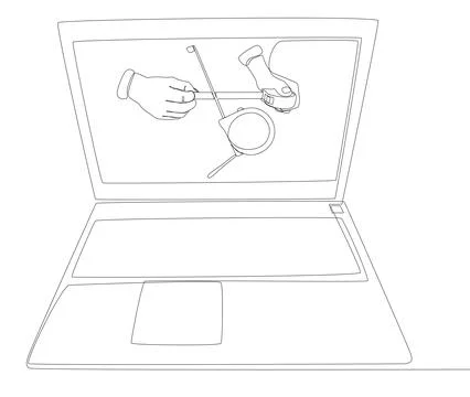 One continuous line of Laptop with Ruler tape. Thin Line Illustration vecto.. Stock Illustration