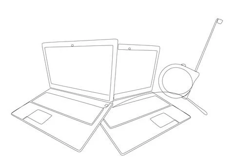One continuous line of Laptop with Ruler tape. Thin Line Illustration vecto.. Stock Illustration