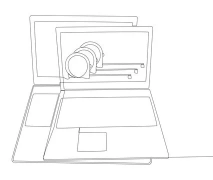One continuous line of Laptop with Ruler tape. Thin Line Illustration vecto.. Stock Illustration