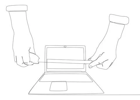 One continuous line of Laptop with Ruler tape. Thin Line Illustration vecto.. Stock Illustration