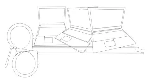 One continuous line of Laptop with Ruler tape. Thin Line Illustration vecto.. Stock Illustration