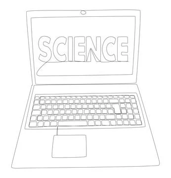 One continuous line of Laptop with Science word. Thin Line Illustration vec.. Illustrazione stock